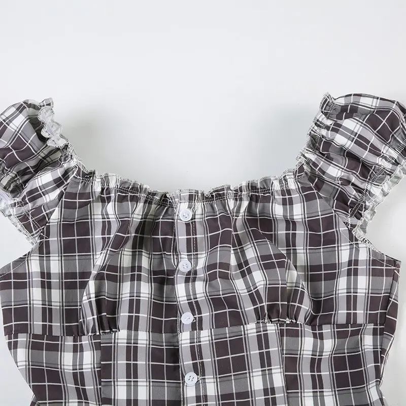 Rockmoer Tartan Plaid Sweet Slim Blouse for Women 2000s Summer Retro Preppy Cute Shirt Y2K Fairycore Button-up Square Collar Top