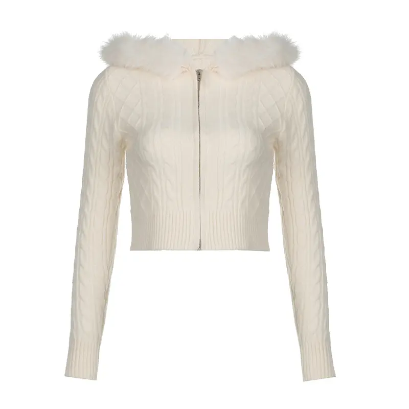 Rockmore Furry Hooded Sweaters Coat Autumn Winter Women Casual Hoodie Y2K Zipper Cropped Sweater Jacket Korean Female Knitwear