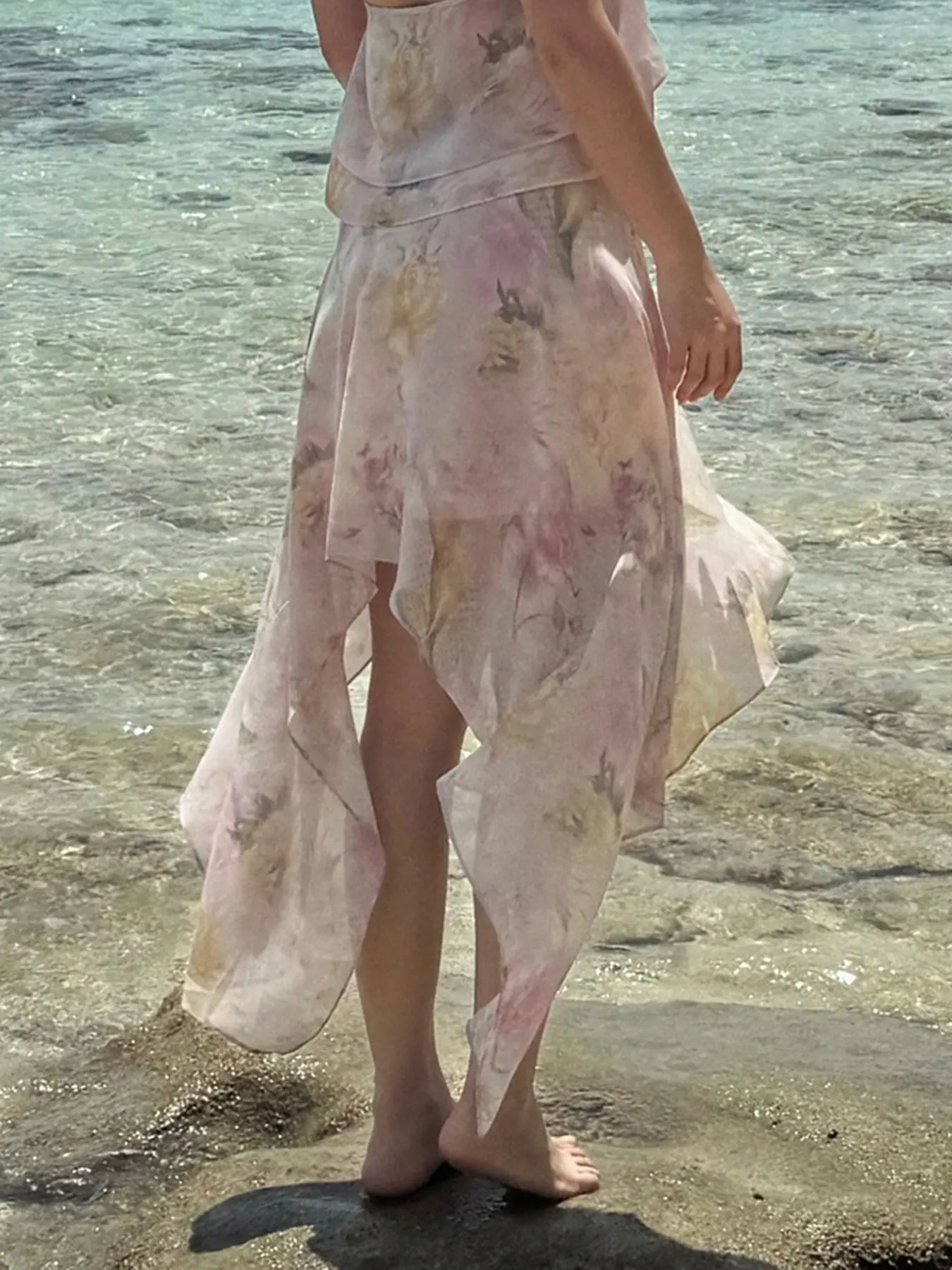 Rockmore Bohemian Floral Printed Mesh Skirt with Asymmetrical Ruffled Hem Romantic Elegant Beach Vacation Skirts for Summer