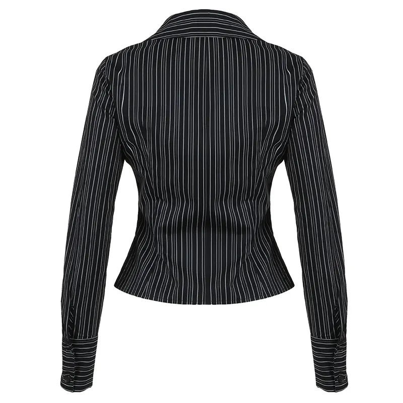 Women's Striped Long Sleeve Slim Fit Shirt Office Casual Turn-Down Collar Single Button Blouse Spring Autumn Basic Versatile