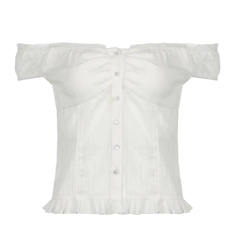 Rockmore Women's Sweet Lace Trim Shirt Y2K Aesthetic off Shoulder Slim-Fit Crop Top Summer Fashion Korean Button-Up Blouse