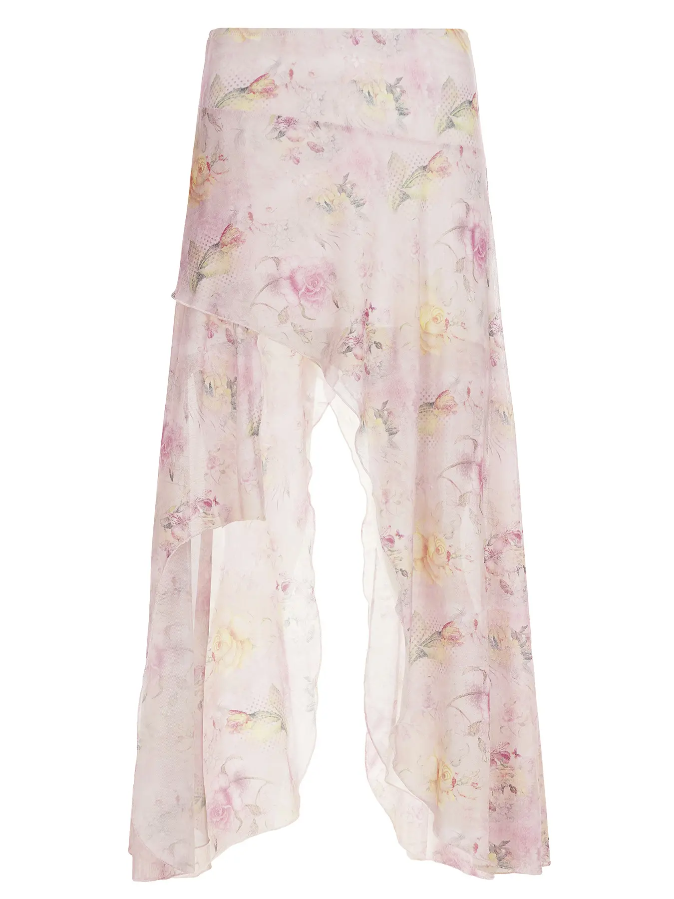 Rockmore Bohemian Floral Printed Mesh Skirt with Asymmetrical Ruffled Hem Romantic Elegant Beach Vacation Skirts for Summer
