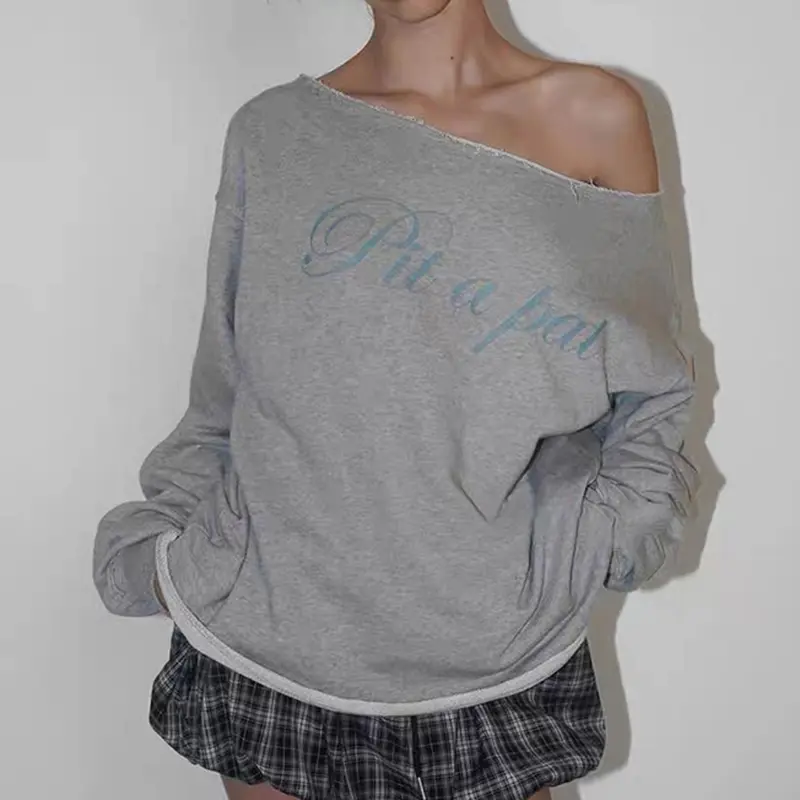 Women's Letter Print Hoodie Asymmetrical Skew Collar Off-Shoulder Casual Long Sleeve Top Fall Comfortable Loose Street Pullovers