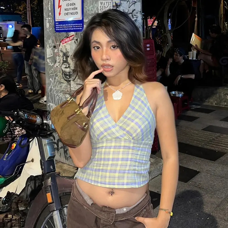 Rockmore Sweetheart Plaid Halter Crop Top Summer V-Neck Backless Camisole Y2K Aesthetics Holiday Off Shoulder Mini Vest