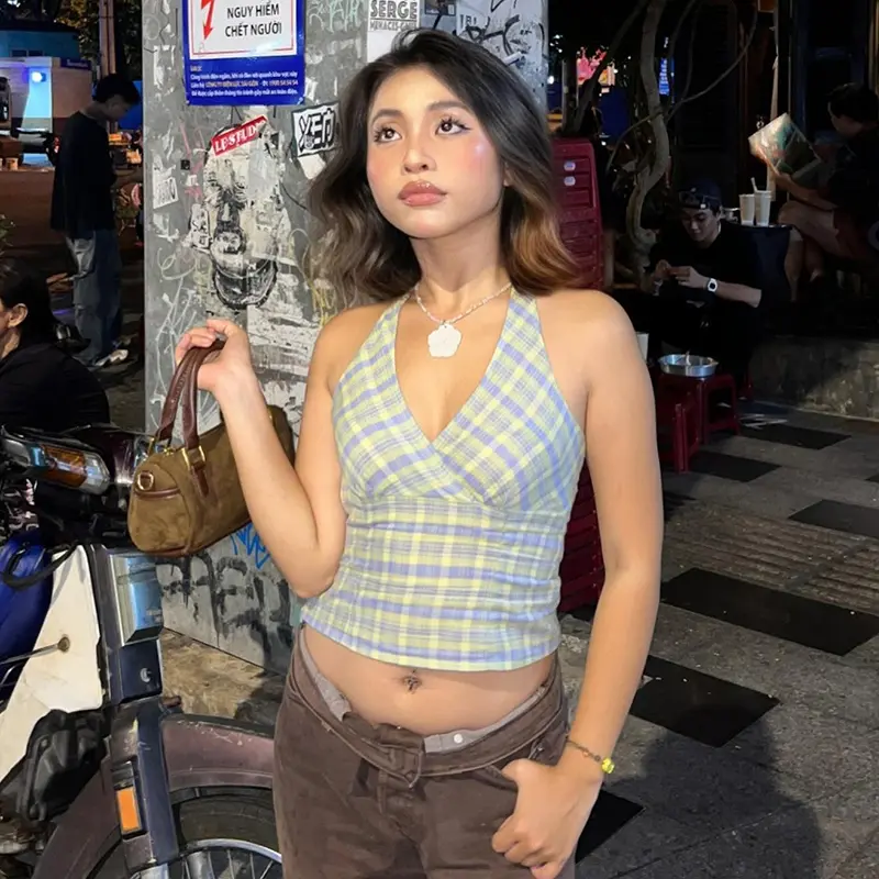 Rockmore Sweetheart Plaid Halter Crop Top Summer V-Neck Backless Camisole Y2K Aesthetics Holiday Off Shoulder Mini Vest