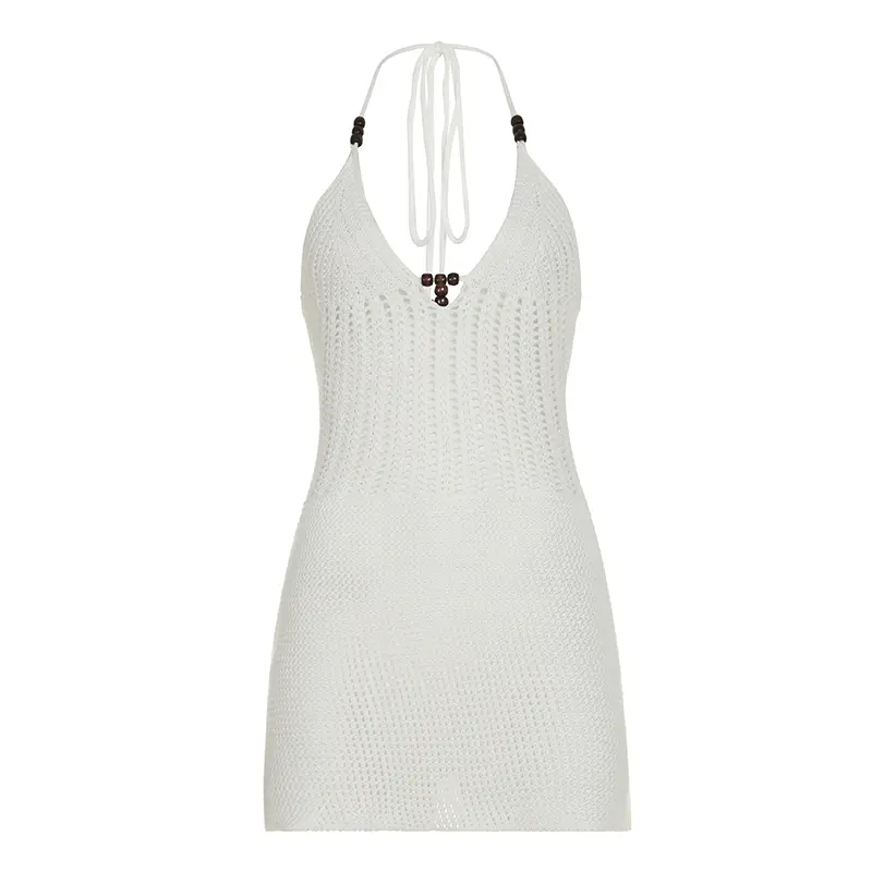Rockmore Women’s Sexy Halter Neck Mini Dress Summer Knit Crochet Hollow Back Tie Up Bodycon Party Dress for Beach Club Street