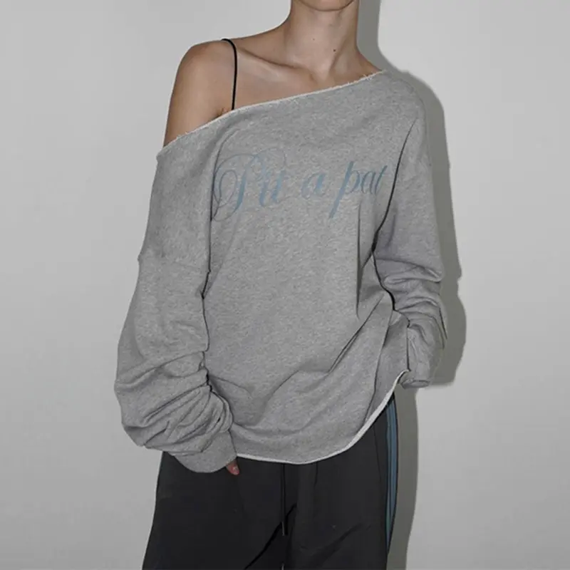 Women's Letter Print Hoodie Asymmetrical Skew Collar Off-Shoulder Casual Long Sleeve Top Fall Comfortable Loose Street Pullovers