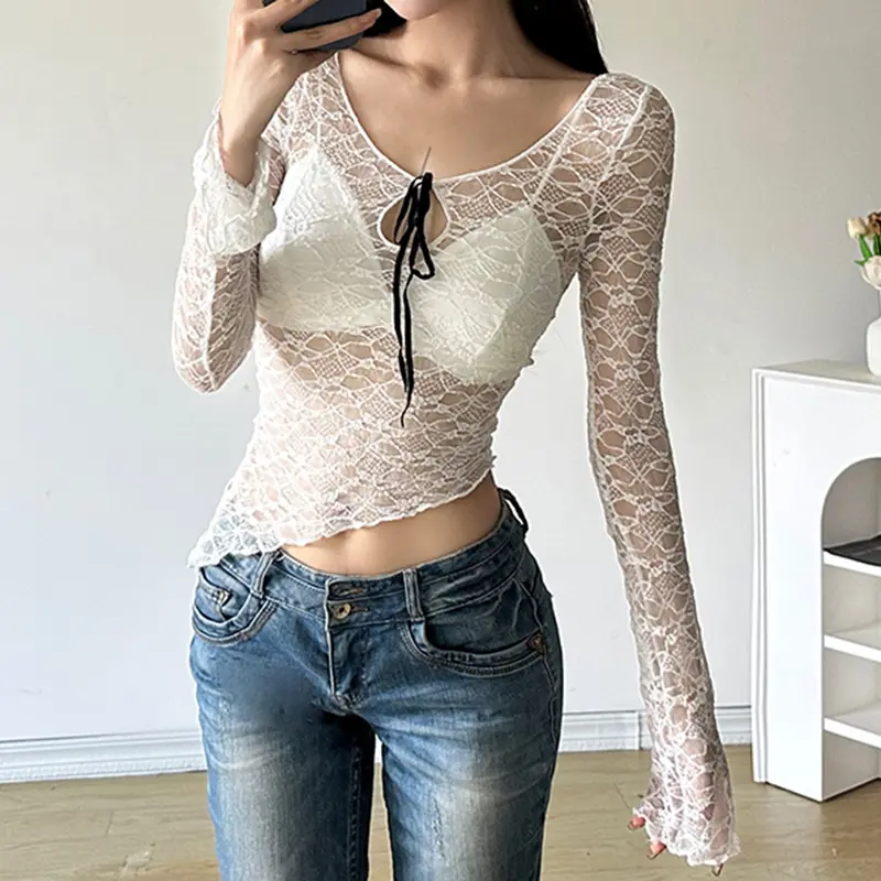 Rockmore Women's Lace See-Through Long Sleeve Smock Asymmetrical Hem Design Street Style Hot Girl T Shirts y2k Bowknot Crop Top