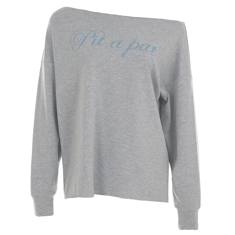 Women's Letter Print Hoodie Asymmetrical Skew Collar Off-Shoulder Casual Long Sleeve Top Fall Comfortable Loose Street Pullovers