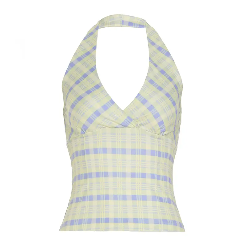 Rockmore Sweetheart Plaid Halter Crop Top Summer V-Neck Backless Camisole Y2K Aesthetics Holiday Off Shoulder Mini Vest