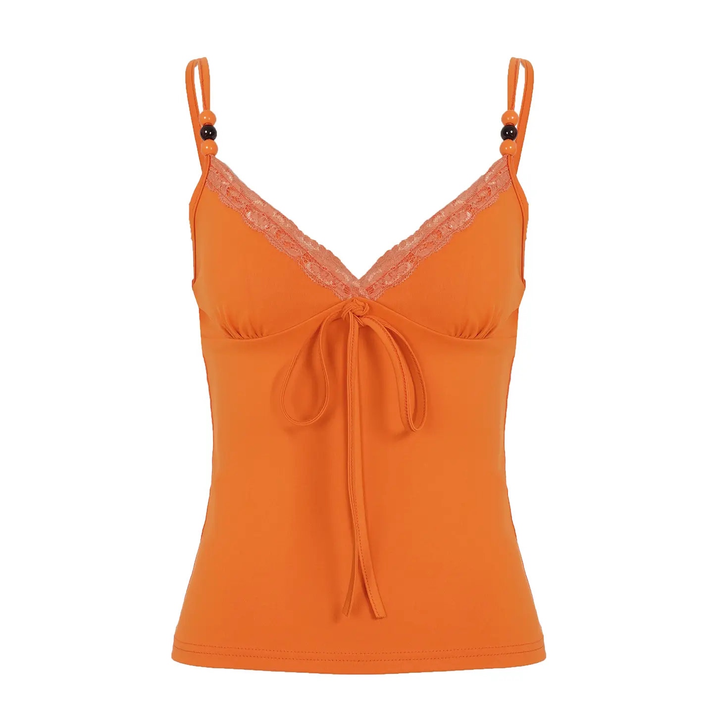 Rockmore Solid Boho Lace Trim V Neck Camisole with Beaded Spaghetti Straps and Bow Tie Design Summer Y2K Aesthetic Crop Tops