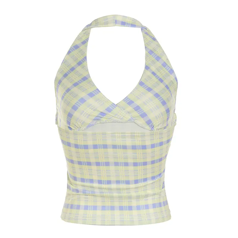 Rockmore Sweetheart Plaid Halter Crop Top Summer V-Neck Backless Camisole Y2K Aesthetics Holiday Off Shoulder Mini Vest