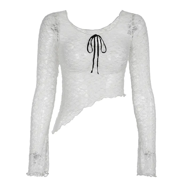 Rockmore Women's Lace See-Through Long Sleeve Smock Asymmetrical Hem Design Street Style Hot Girl T Shirts y2k Bowknot Crop Top