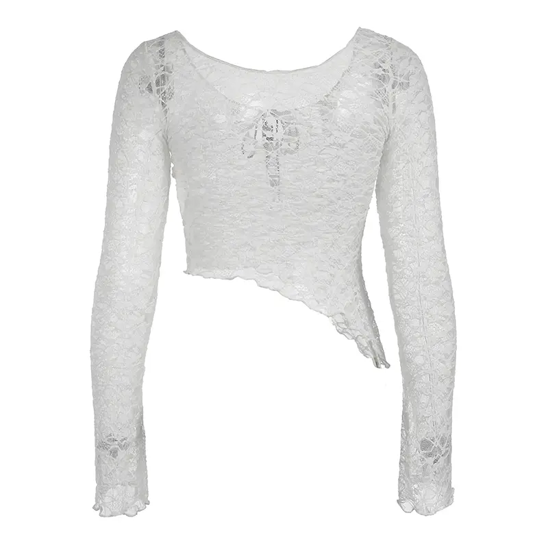 Rockmore Women's Lace See-Through Long Sleeve Smock Asymmetrical Hem Design Street Style Hot Girl T Shirts y2k Bowknot Crop Top