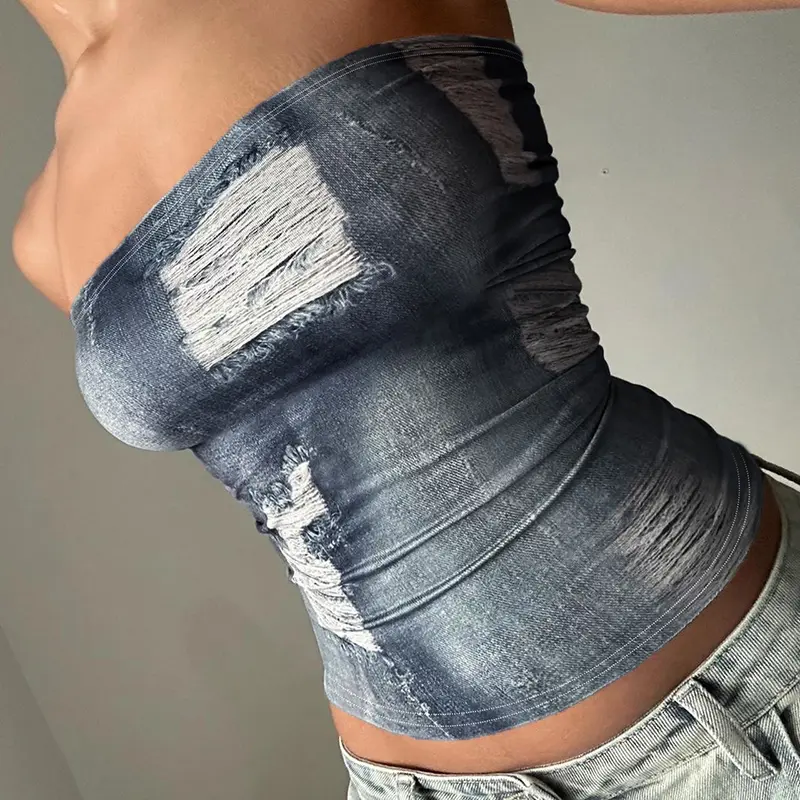 Rockmore Denim Distressed Printed Elastic Tube Top Y2K Streetwear Tight-Fitting Crop Tops for Woman Trendy Summer Mini Vest