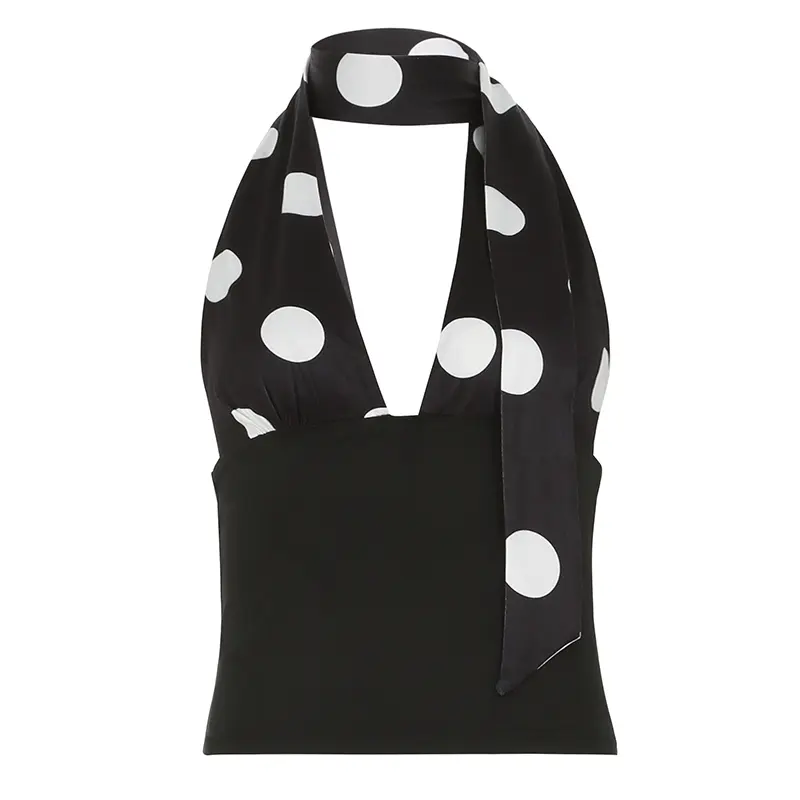 Rockmore Summer Women's Polka Dot Print Color Block Halter Top Sexy Deep V Neck Backless Camis for Beach Vacation Style Fashion