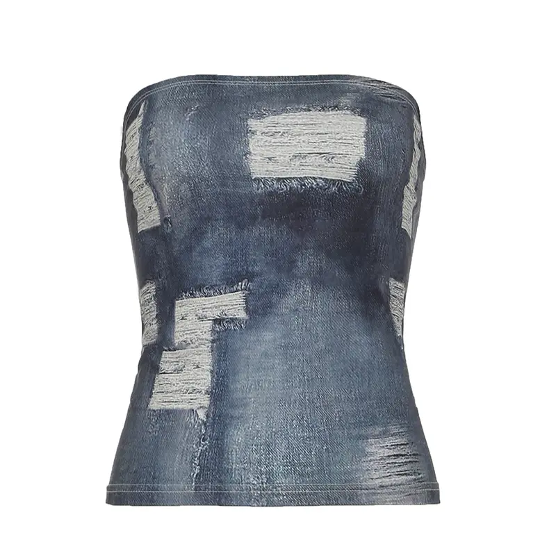 Rockmore Denim Distressed Printed Elastic Tube Top Y2K Streetwear Tight-Fitting Crop Tops for Woman Trendy Summer Mini Vest
