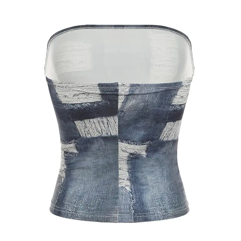 Rockmore Denim Distressed Printed Elastic Tube Top Y2K Streetwear Tight-Fitting Crop Tops for Woman Trendy Summer Mini Vest
