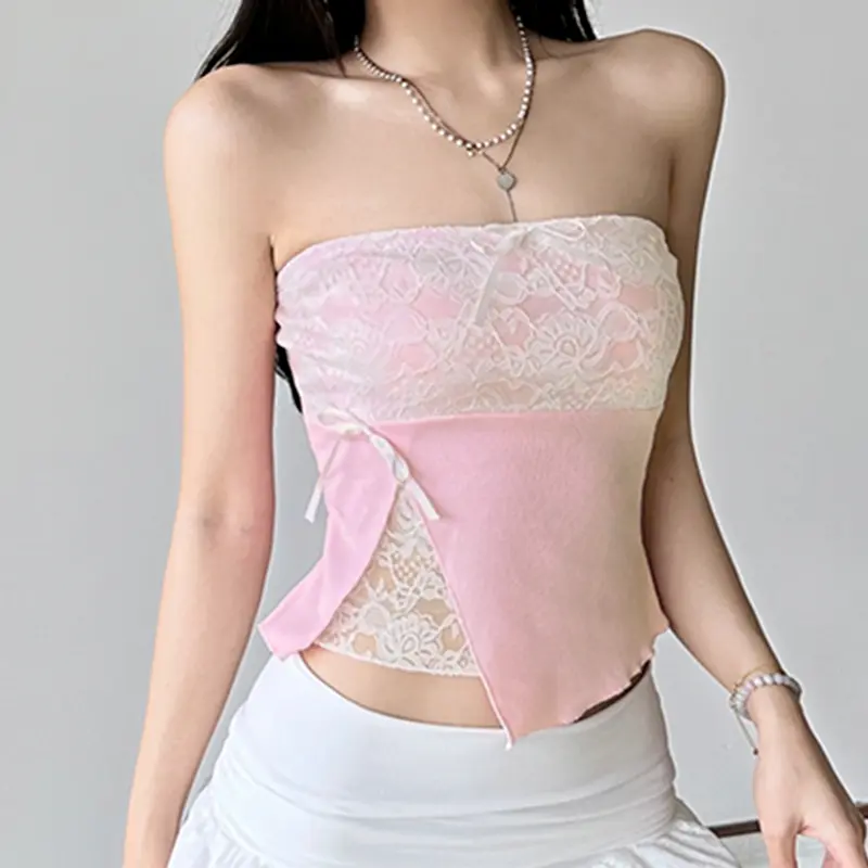 Rockmore Lace Bow Patchwork Bustier Crop Top Summer 2000s Coquette Off-Shoulder Women's Tube Top Casual Korean Cute Mini Vest