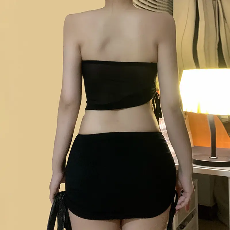 Gothic Women Drawstring Asymmetric Mesh Tube Tops Mini Skirts Suits Sexy Party Club Two Piece Matching Sets Vacation Outfits