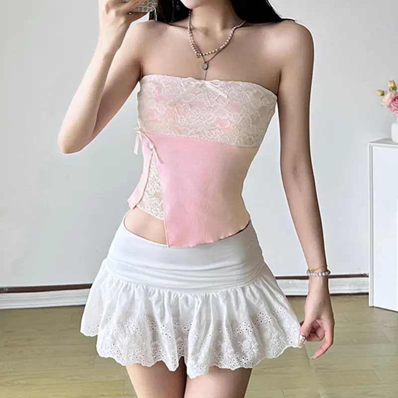 Rockmore Lace Bow Patchwork Bustier Crop Top Summer 2000s Coquette Off-Shoulder Women's Tube Top Casual Korean Cute Mini Vest