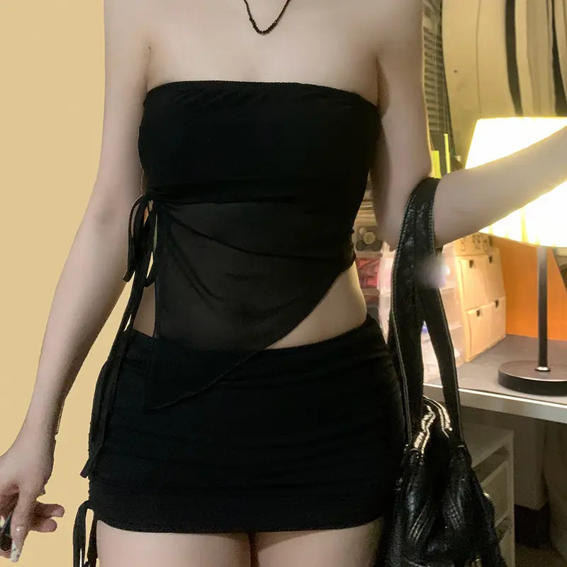 Gothic Women Drawstring Asymmetric Mesh Tube Tops Mini Skirts Suits Sexy Party Club Two Piece Matching Sets Vacation Outfits