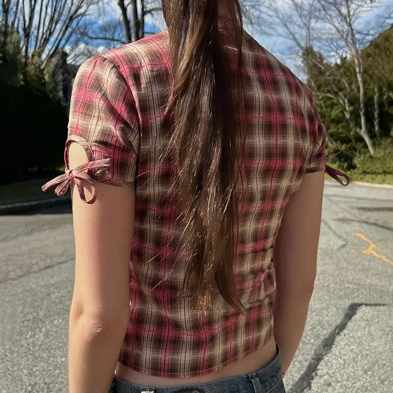 Rockmore Sweetheart Plaid V Neck Shirt Women's Casual Ruffled Button-Up Top Y2K Aesthetic Slim Fit Short Sleeve Blouse
