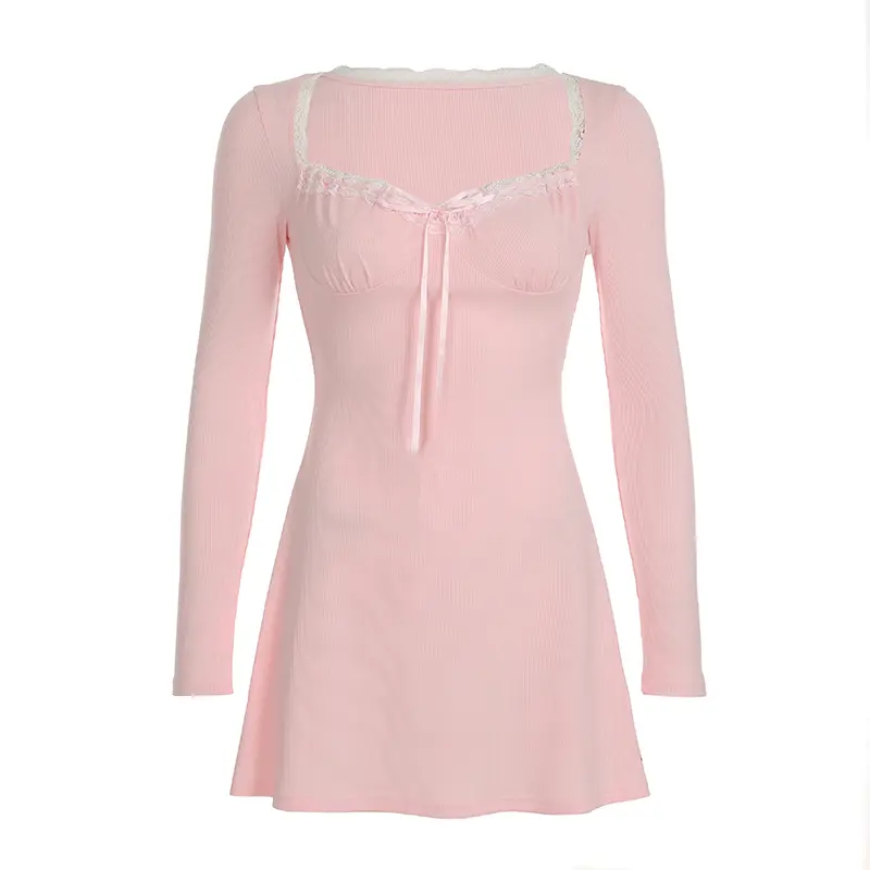 Rockmore Sweetheart Lace Square Collar Dresses for Women Fairy Balletcore Aesthetic Bodycon Long Sleeve A- Line Mini Dress Korea