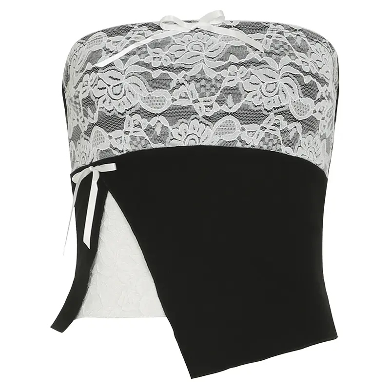Rockmore Lace Bow Patchwork Bustier Crop Top Summer 2000s Coquette Off-Shoulder Women's Tube Top Casual Korean Cute Mini Vest