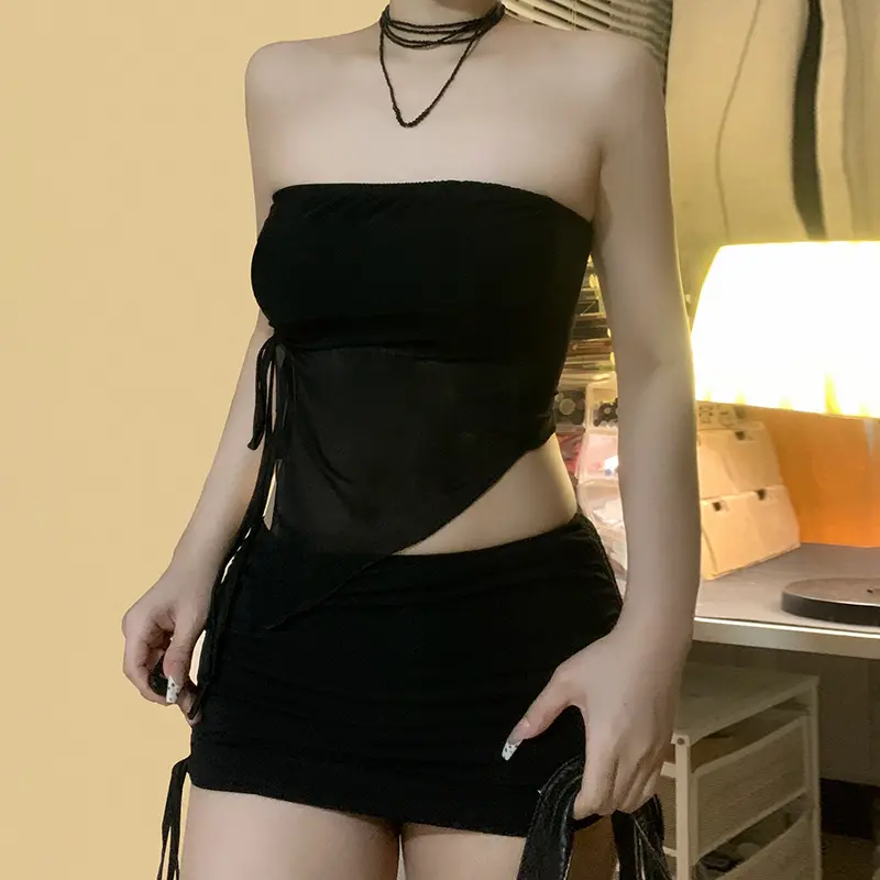 Gothic Women Drawstring Asymmetric Mesh Tube Tops Mini Skirts Suits Sexy Party Club Two Piece Matching Sets Vacation Outfits