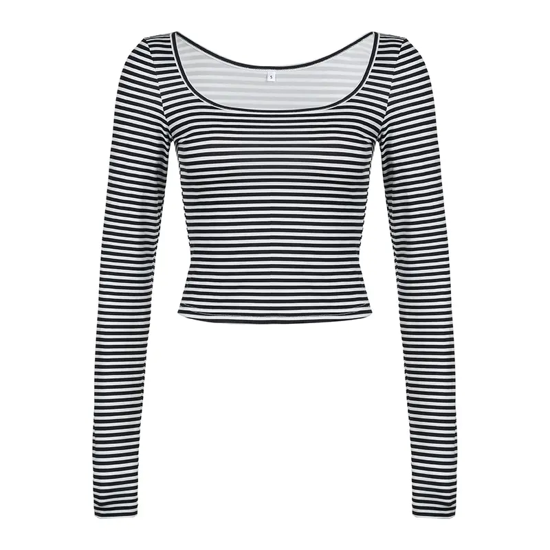 Rockmore Women's Striped Casual Basic T-Shirt Spring Autumn Round Neck Long Sleeve Crop Top Fashiona Streetwear Comfortable Wear