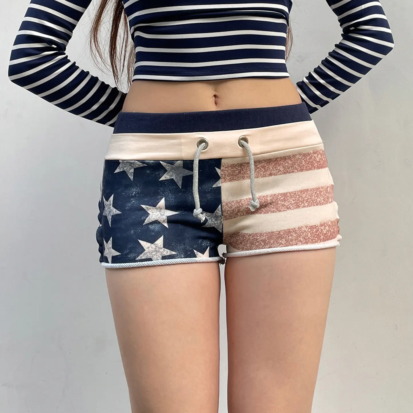 Rockmore American Print Mini Shorts for Women Summer Fashion Streetwear Low Rise Color Block Drawstring Ultra Short Pants Y2K