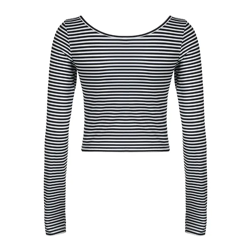 Rockmore Women's Striped Casual Basic T-Shirt Spring Autumn Round Neck Long Sleeve Crop Top Fashiona Streetwear Comfortable Wear