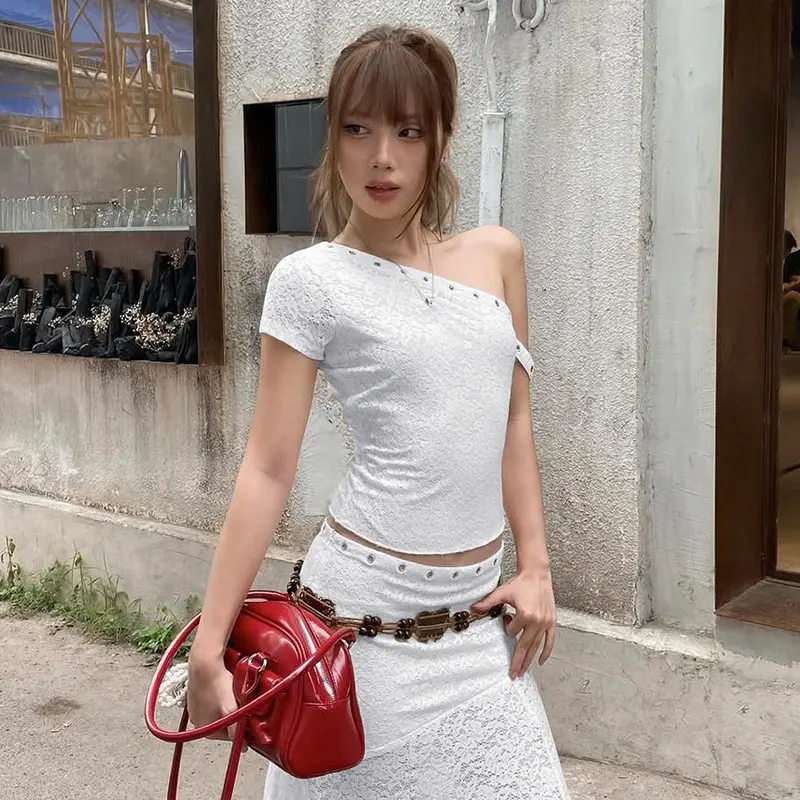 Rockmore Women's Plain Lace Asymmetrical Single Sleeve T-Shirt Slim Fit Off-Shoulder Crop Top Summer Street Fashion Casual Korea