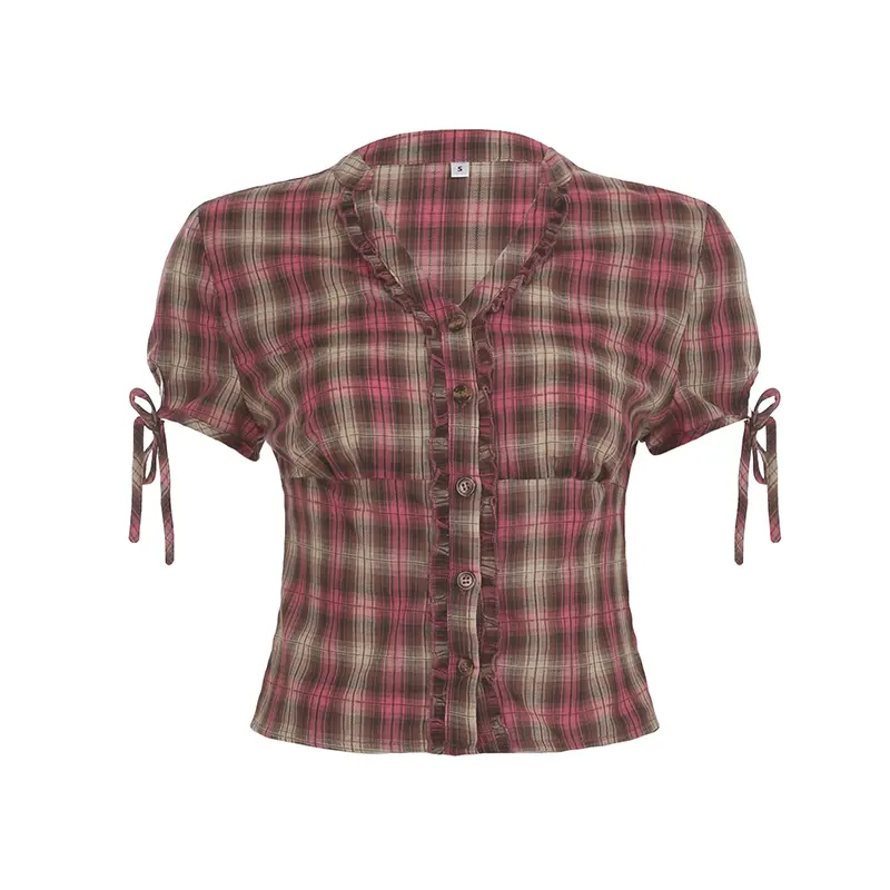Rockmore Sweetheart Plaid V Neck Shirt Women's Casual Ruffled Button-Up Top Y2K Aesthetic Slim Fit Short Sleeve Blouse