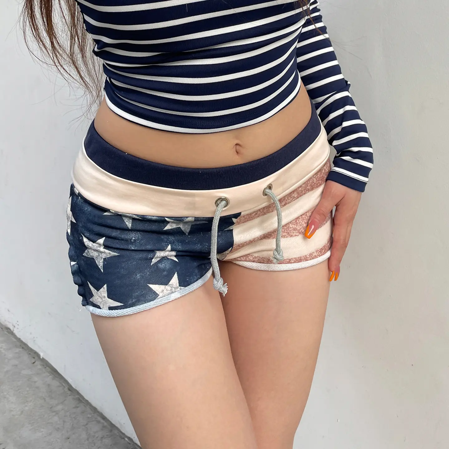 Rockmore American Print Mini Shorts for Women Summer Fashion Streetwear Low Rise Color Block Drawstring Ultra Short Pants Y2K