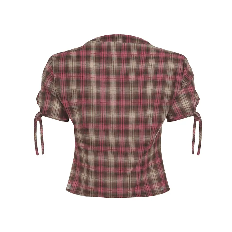 Rockmore Sweetheart Plaid V Neck Shirt Women's Casual Ruffled Button-Up Top Y2K Aesthetic Slim Fit Short Sleeve Blouse