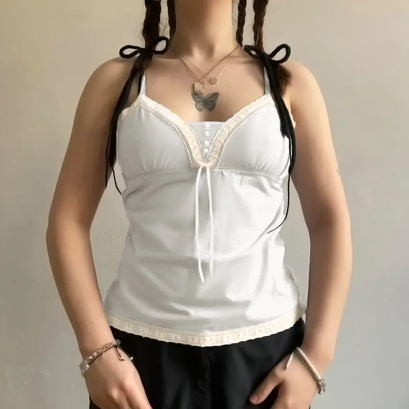 Rockmore Women's Plain Lace Trim V Neck Camisole Y2K Aesthetic Summer Spaghetti Strap Tank Top Casual Fashion Vest