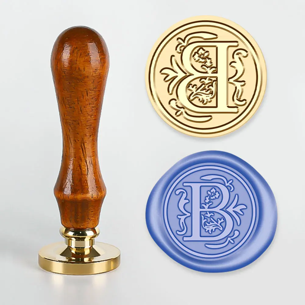 Initial Wax Seal Stamp Design With Blessing Rosewood Handle Rosewood Handle Wax Stamp Botanical Initial Rosewood Handle