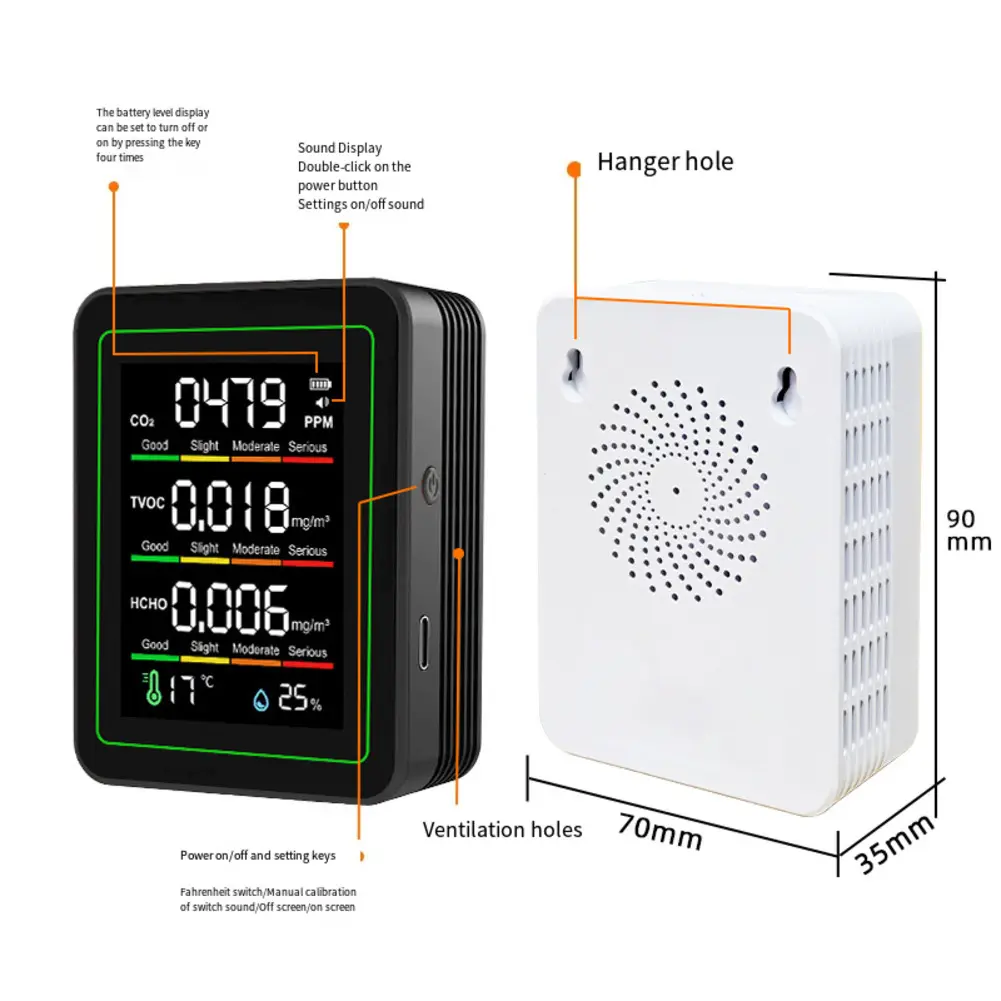 Indoor 5-in-1 Carbon Dioxide Air Quality Monitor Humidity & Temperature Detector Home Gardening Hot Selling Products
