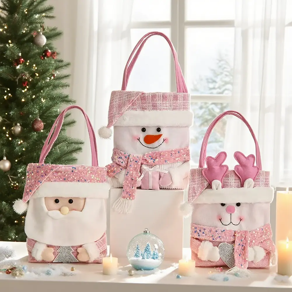 1pc Christmas Decorations Pink Cartoon Fabric Doll Christmas Bag Handheld Bag
