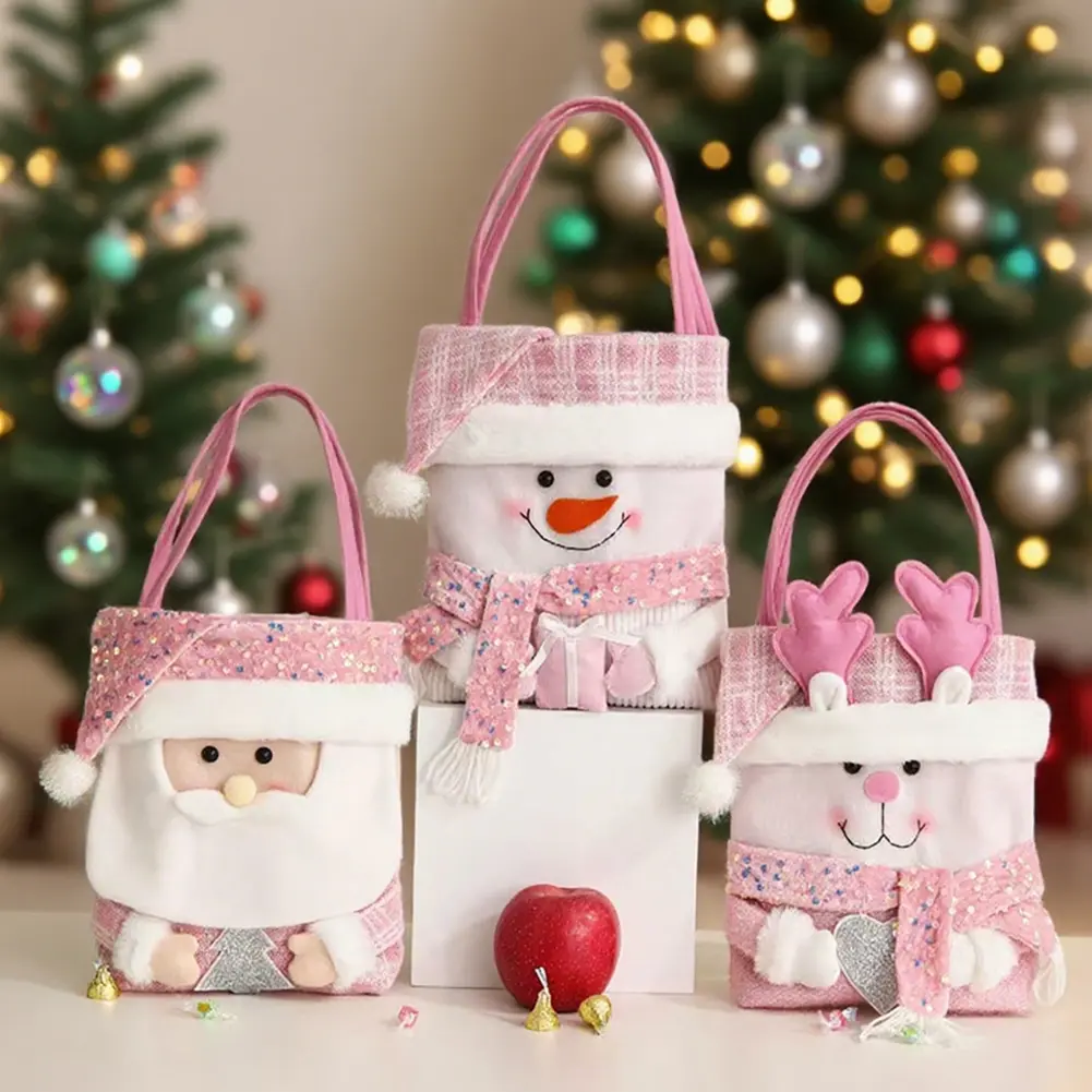 1pc Christmas Decorations Pink Cartoon Fabric Doll Christmas Bag Handheld Bag
