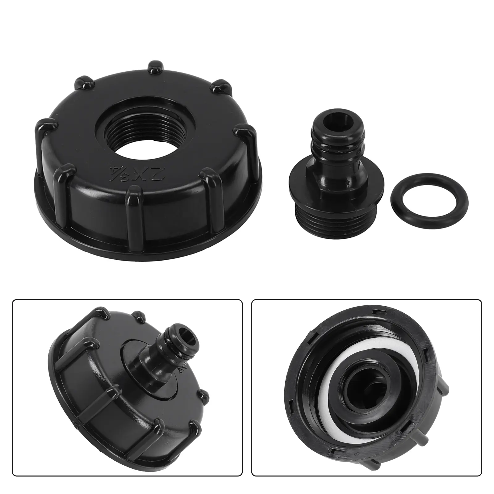 60mm Inlet Coarse Thread Fitting for IBC Tank Water Container with Threaded Cap Hole of 3/4 and Hose Connection Size of 16mm