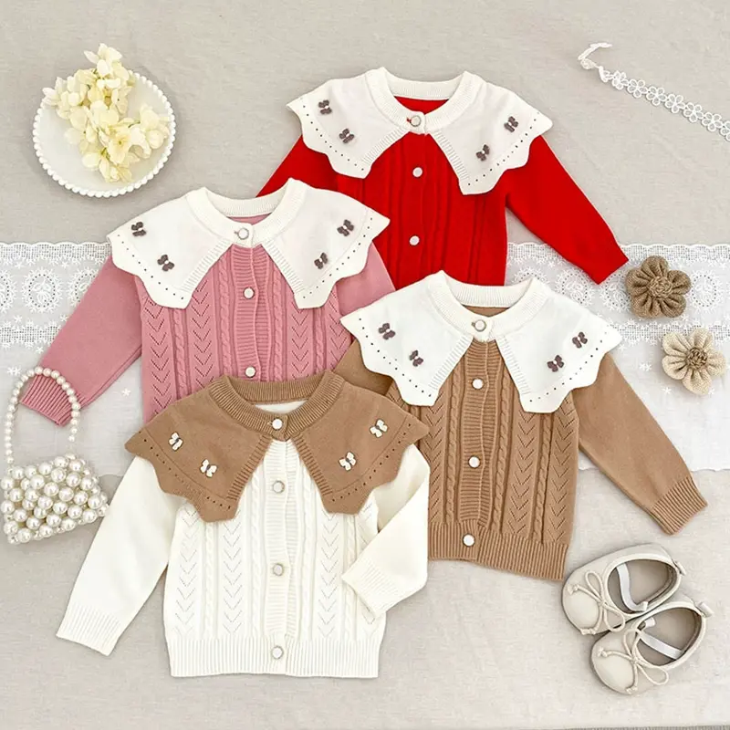 Autumn New Baby Clothing 0-3Yrs Baby Girl Sweet Bow Hundred Tower Cardigan Ruffled Big Collar Knitted Sweater Round Neck Kacket
