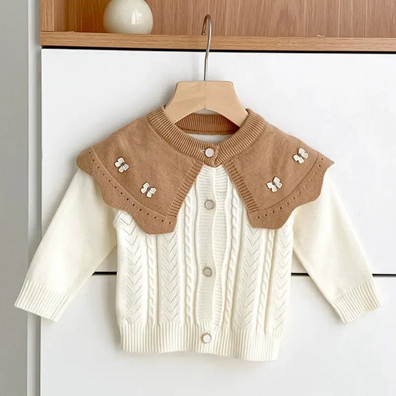 Autumn New Baby Clothing 0-3Yrs Baby Girl Sweet Bow Hundred Tower Cardigan Ruffled Big Collar Knitted Sweater Round Neck Kacket
