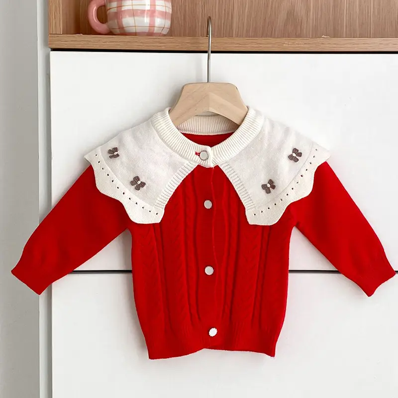 Autumn New Baby Clothing 0-3Yrs Baby Girl Sweet Bow Hundred Tower Cardigan Ruffled Big Collar Knitted Sweater Round Neck Kacket