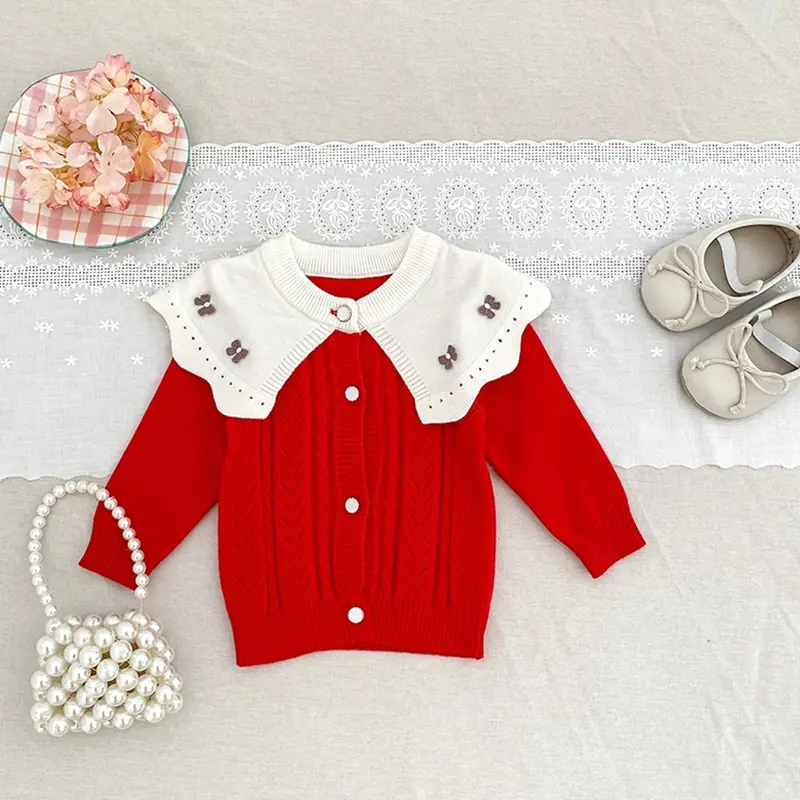 Autumn New Baby Clothing 0-3Yrs Baby Girl Sweet Bow Hundred Tower Cardigan Ruffled Big Collar Knitted Sweater Round Neck Kacket