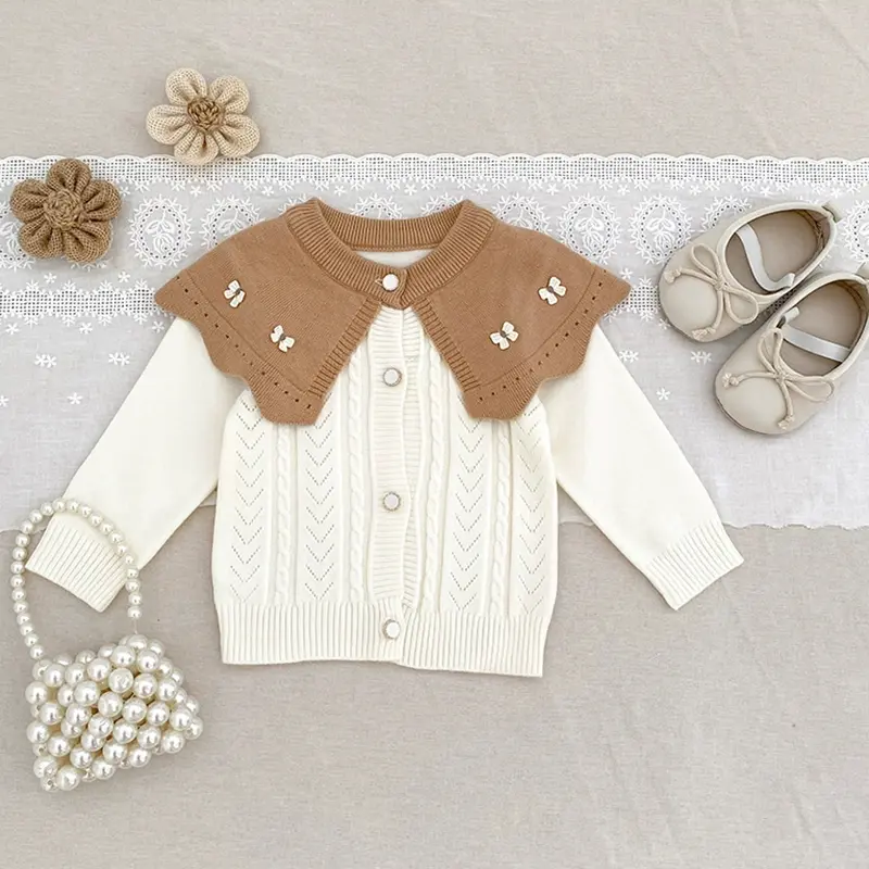 Autumn New Baby Clothing 0-3Yrs Baby Girl Sweet Bow Hundred Tower Cardigan Ruffled Big Collar Knitted Sweater Round Neck Kacket