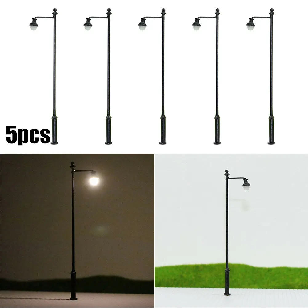 5pcs Model Railway Light 1:87 Lamps Post Street Lights HO OO Scale LEDs 3.54in Warm-White Scale Lamps Single Head Lamps Model