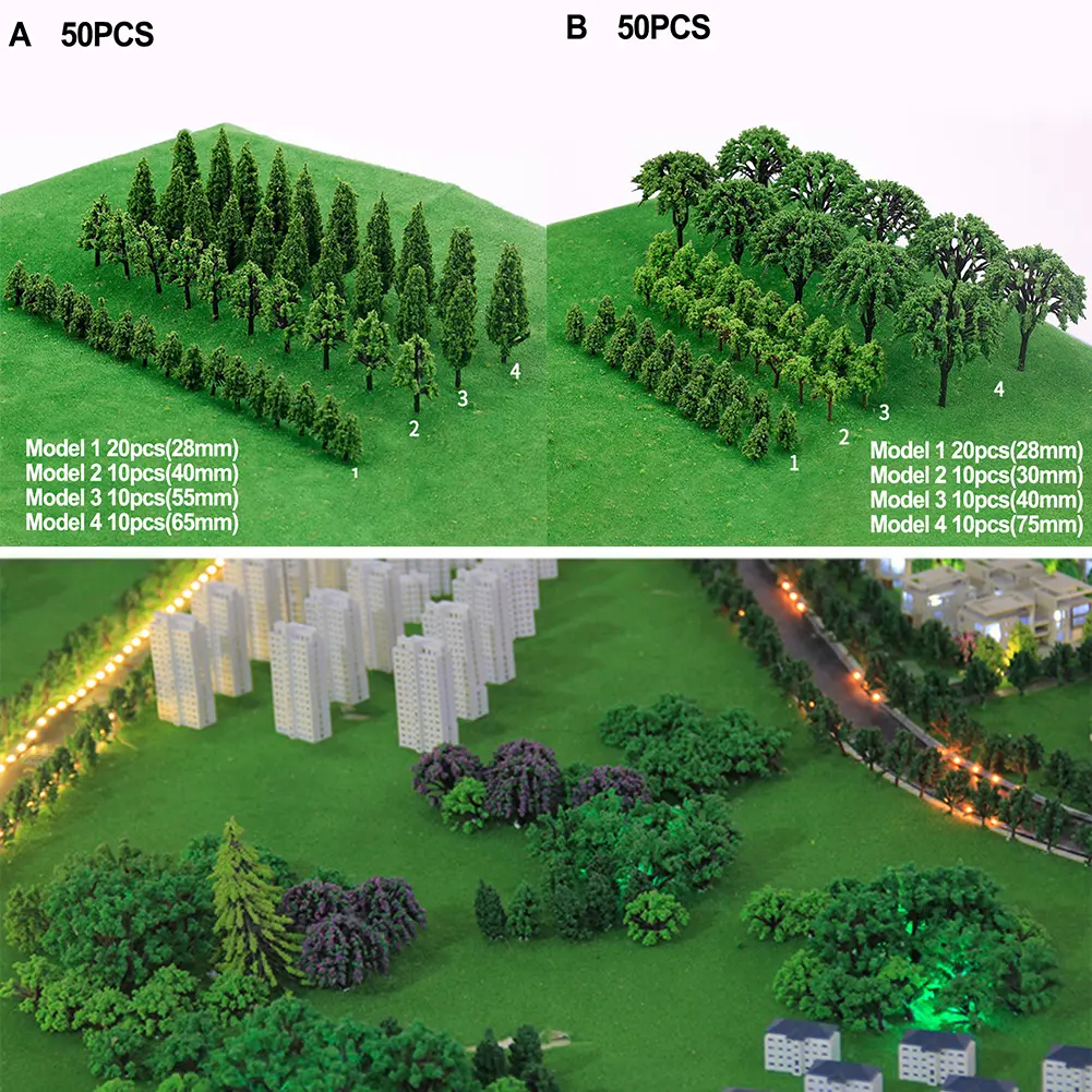 50Pcs Plastic Model Train Miniature Tree Scenery DIY Outdoor Landscape Railroad Building Landscape Sand Table Models Decoration